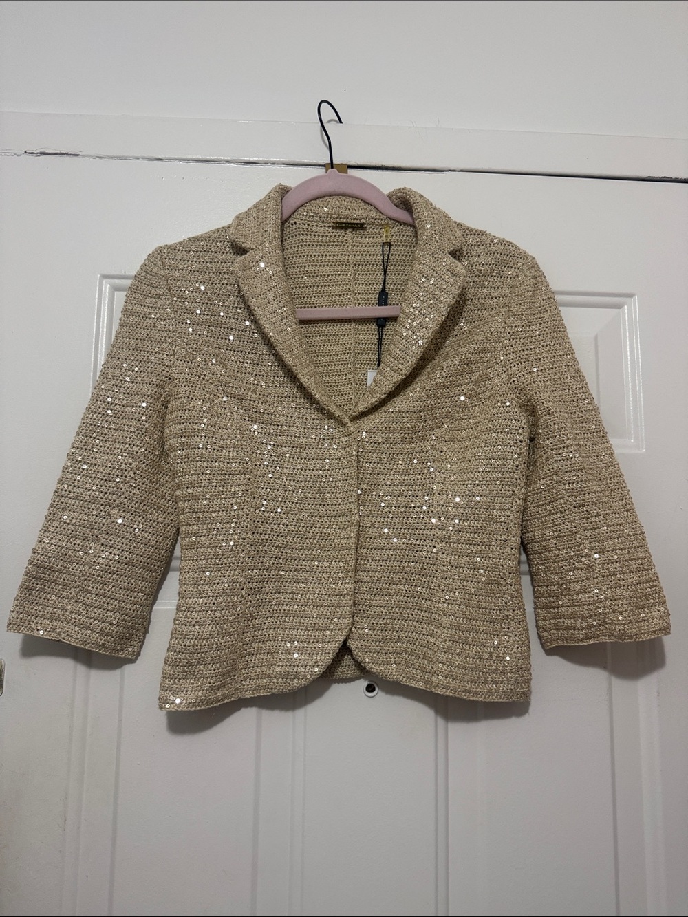Elie Tahari Sequined Light Gold Cropped Jacket - Elegant Women's Coat